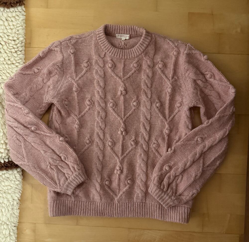 Demylee Cable Sweater Chunky Cable knit Fisherman Crew Neck Wool Mohair Pink S